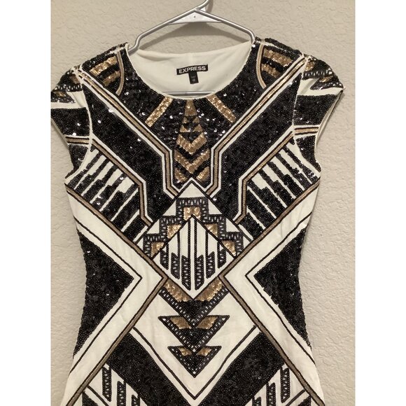 Express Black & Gold Geometric Sequin Bodycon Mini Dress Size XS - Picture 3 of 5